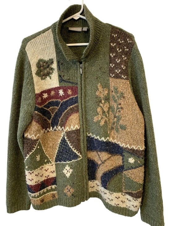 croft & barrow Sweaters - Croft & Barrow XL Wool Blend Zip Cardigan Sweater Patchwork Cottagecore Artsy